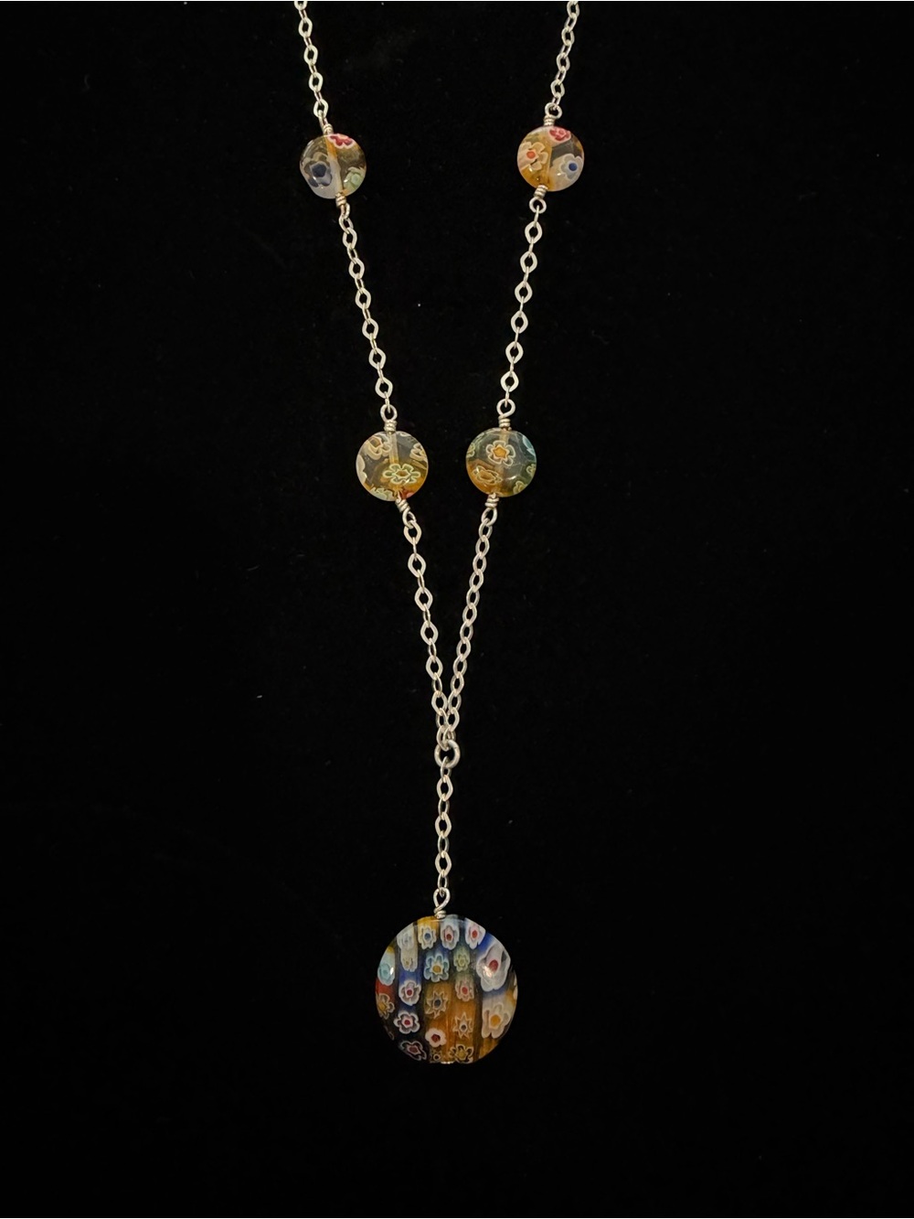 Murano Millefiori Glass Pendant Necklace - Multicolor on Silver